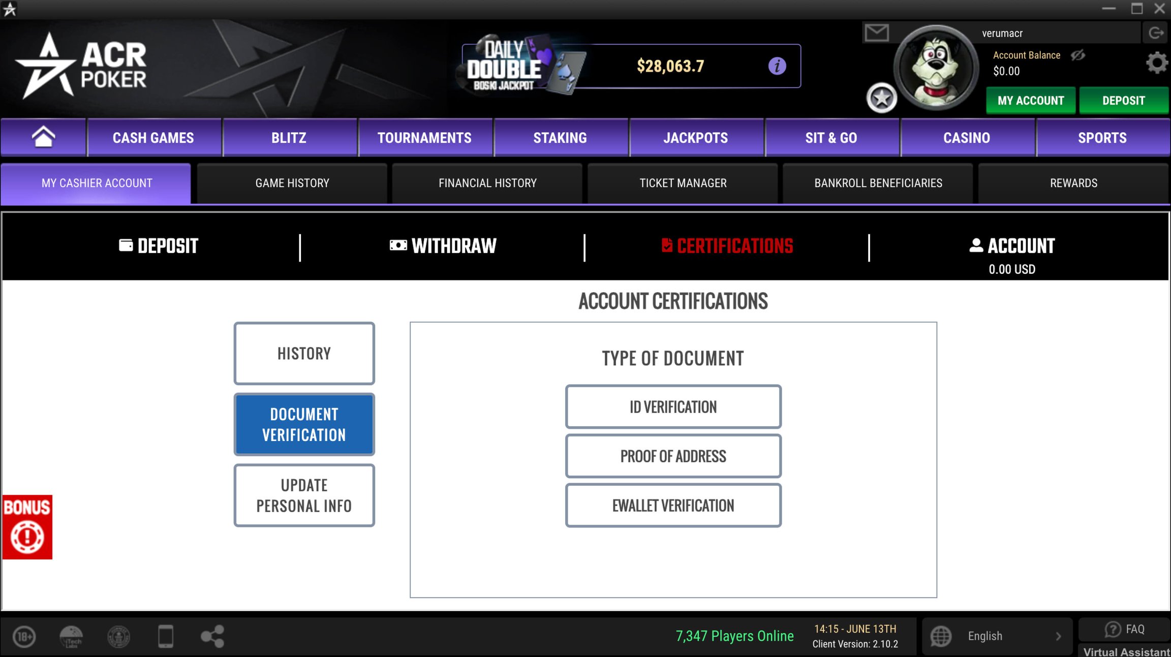 Processo de verificação do ACR Poker (Americas Cardroom) com requisitos de documentos e botão de envio
