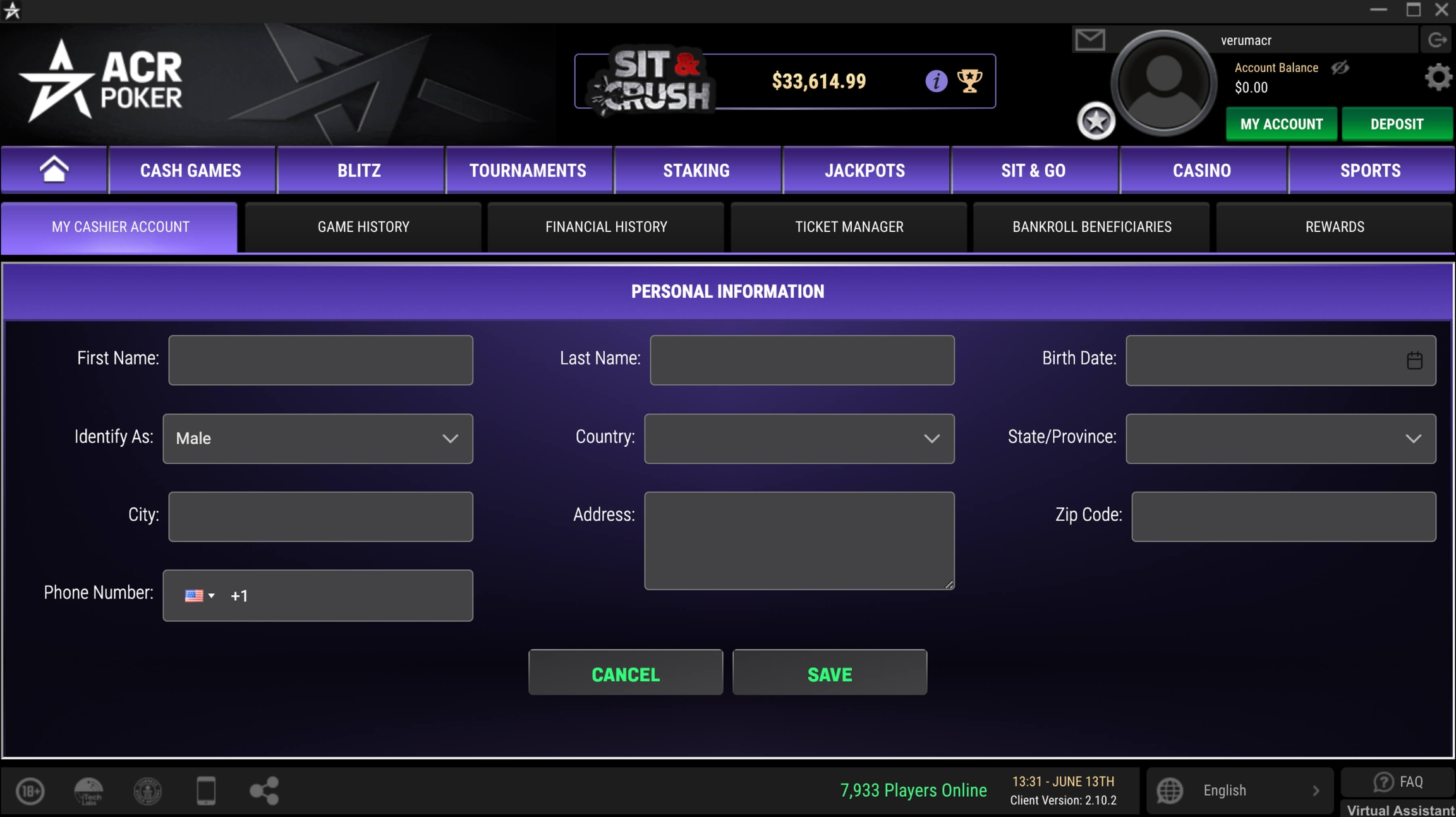 Informações pessoais do ACR Poker