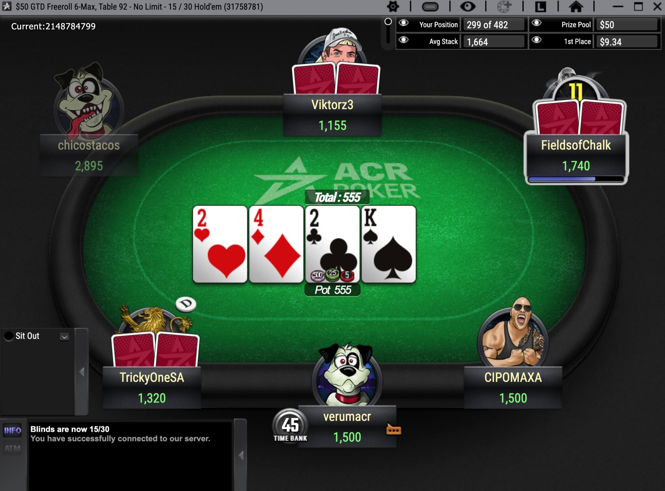 Mesa de jogo ACR Poker (Americas Cardroom) com jogadores no torneio e apresentação de apostas e ganhos