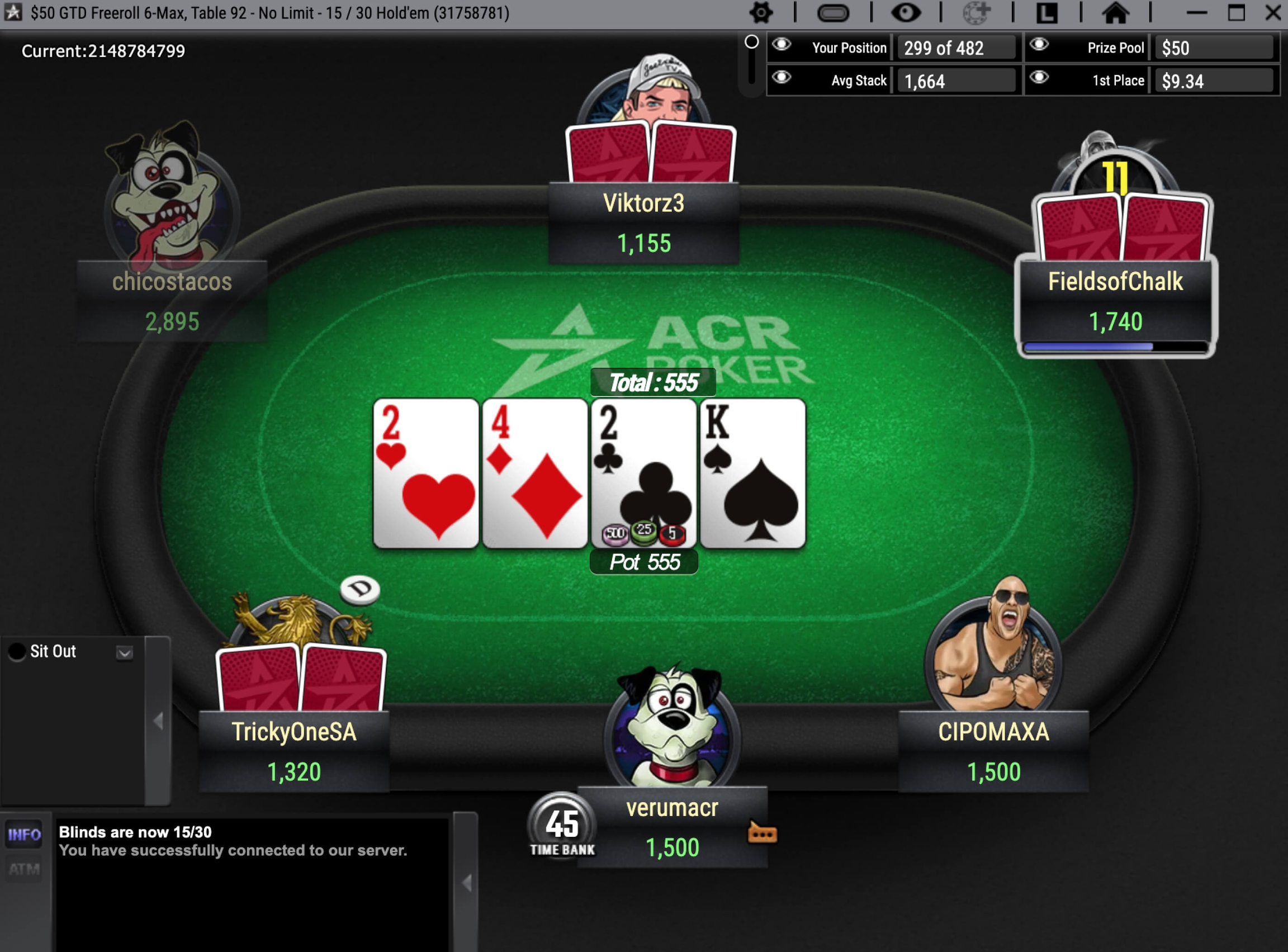 Mesa de jogo ACR Poker (Americas Cardroom) com jogadores no torneio e apresentação de apostas e ganhos