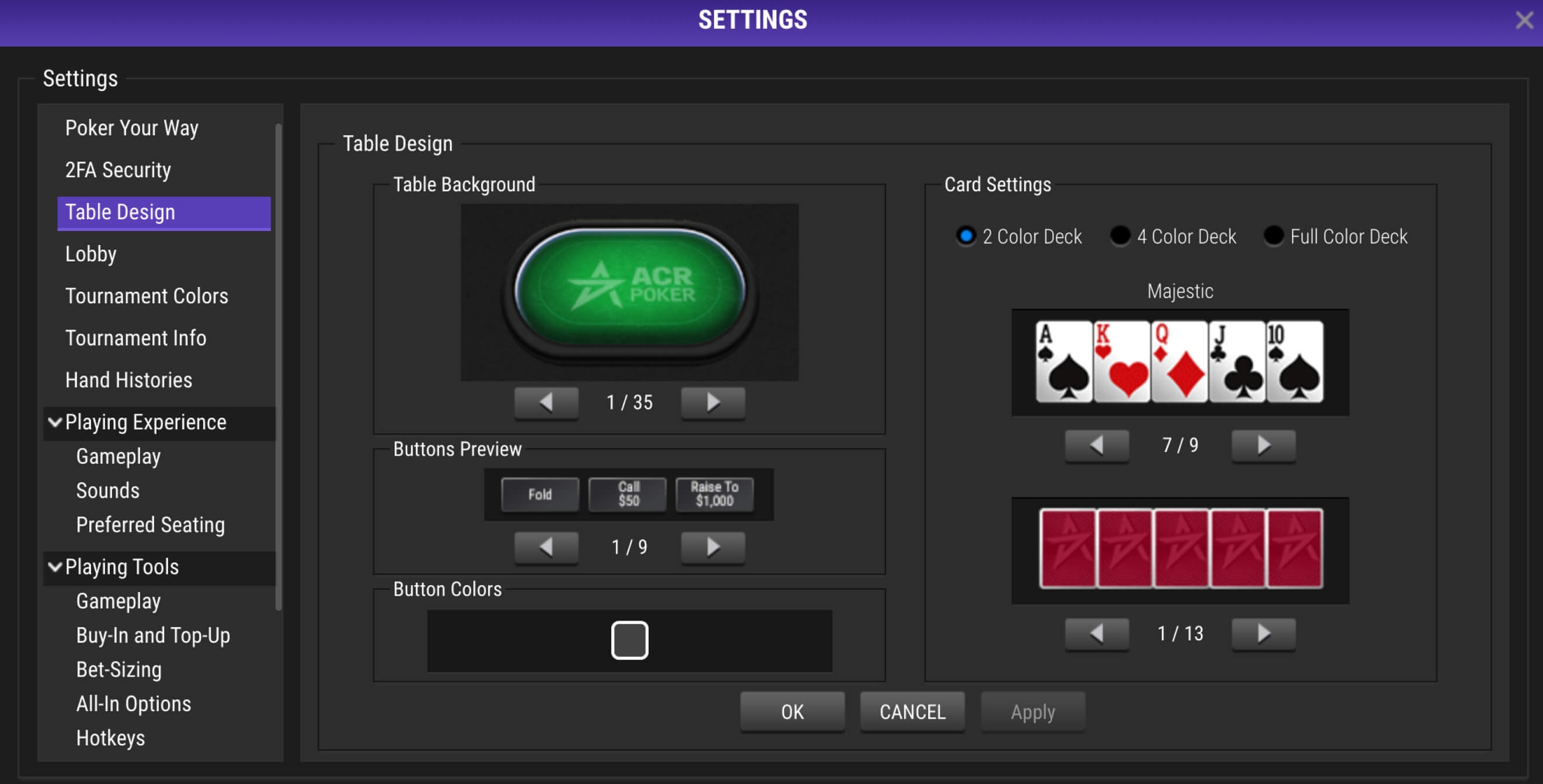 Definições de design de mesa de jogo ACR Poker (Americas Cardroom) com opções de cor de fundo e estilo de cartas
