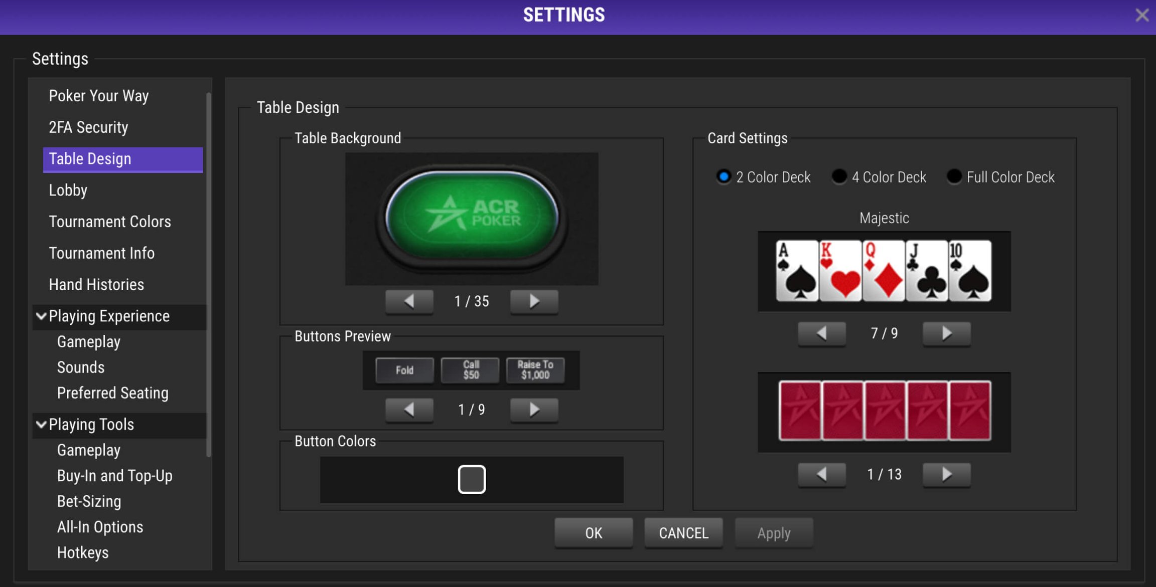 Definições de design de mesa de jogo ACR Poker (Americas Cardroom) com opções de cor de fundo e estilo de cartas