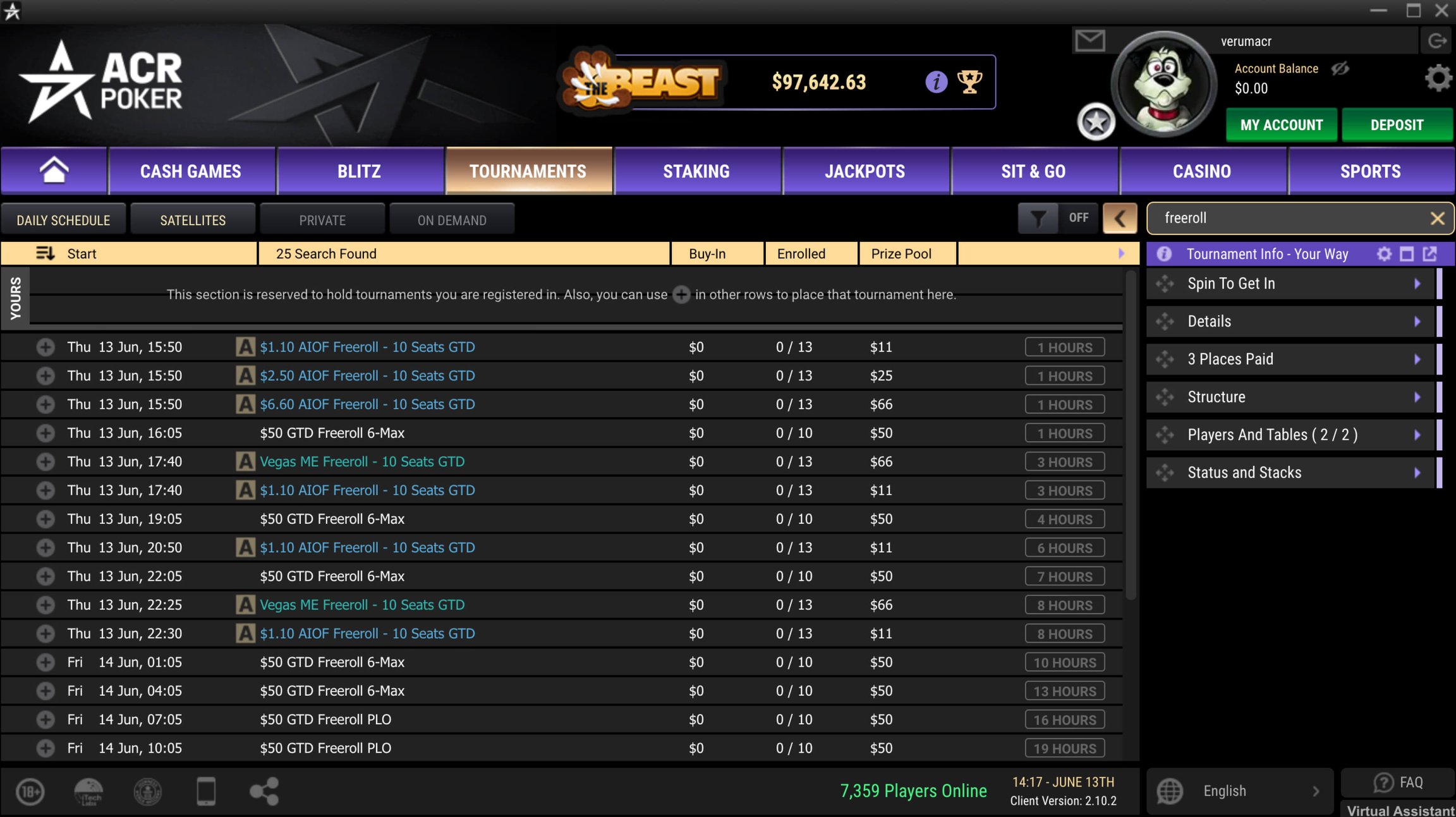 Grille d'horaire du freeroll quotidien d'ACR Poker (Americas Cardroom) avec une garantie de 50$