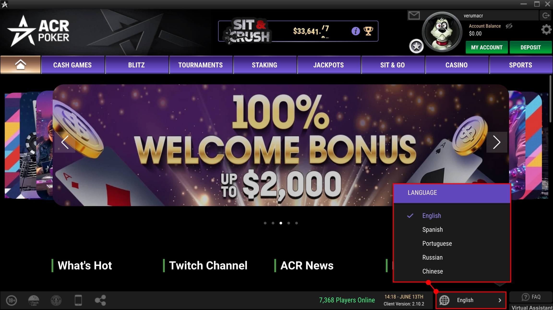 Écran de sélection de la langue de l'interface dans l'application ACR Poker (Americas Cardroom)