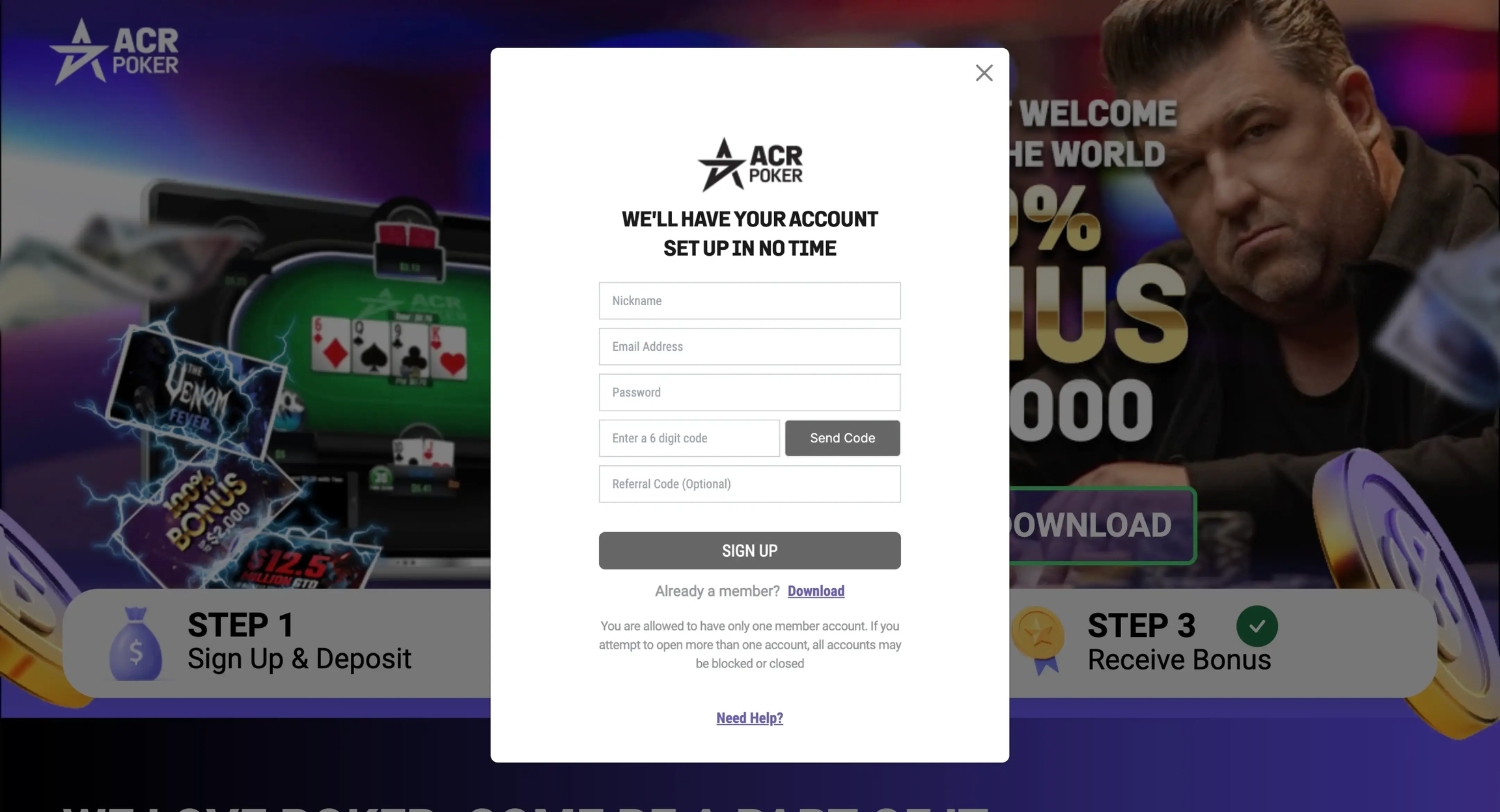 Nouvel écran d'enregistrement des utilisateurs dans l'application ACR Poker (Americas Cardroom)