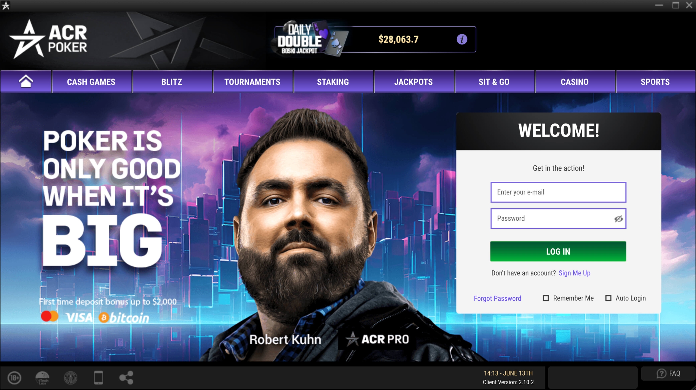 Écran de connexion de l'application ACR Poker (Americas Cardroom) avec les champs de saisie de l'identifiant et du mot de passe