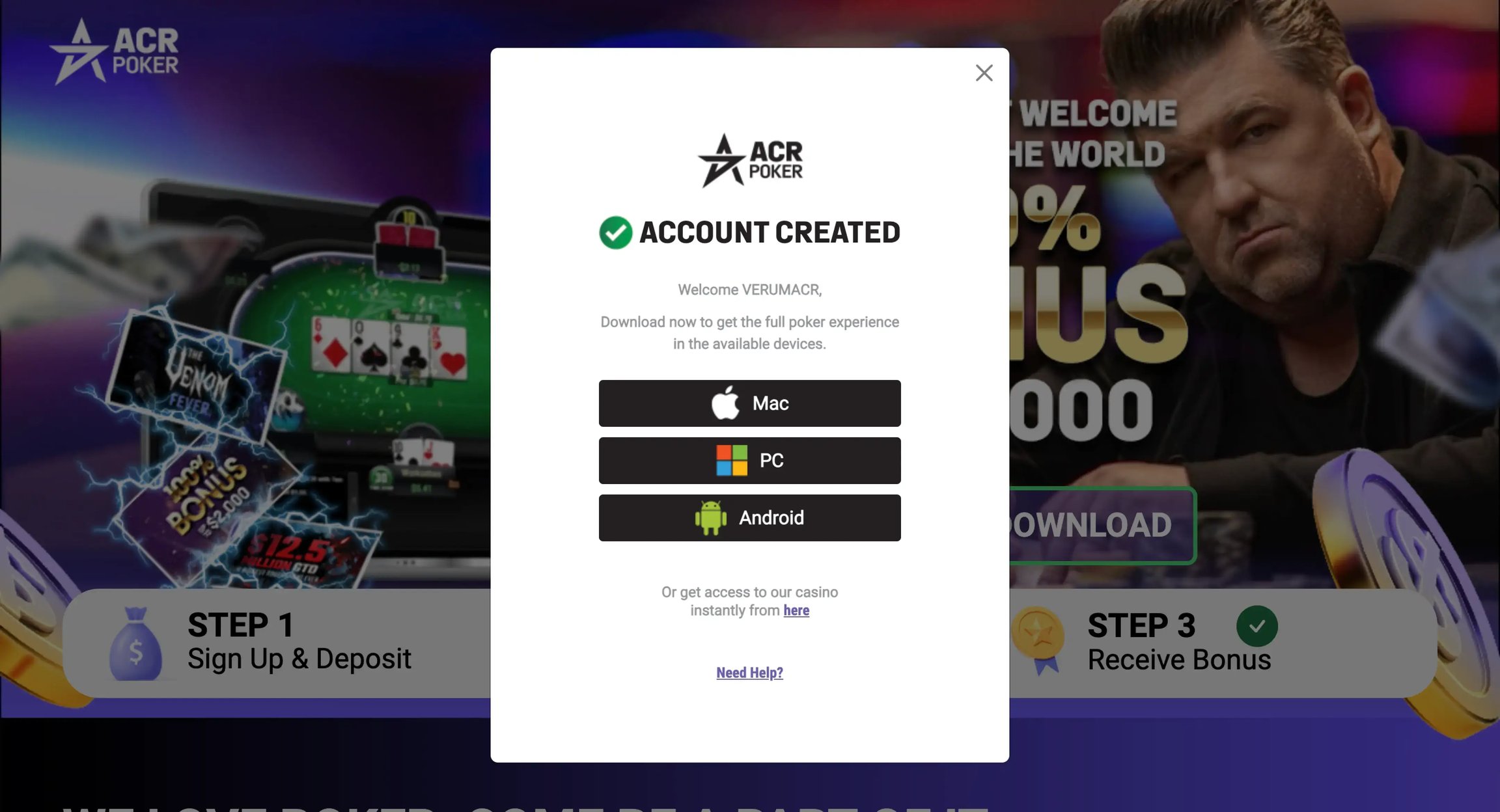 Pantalla de descarga del cliente de ACR Poker (Americas Cardroom) con botón de descarga para Windows, macOS y Android