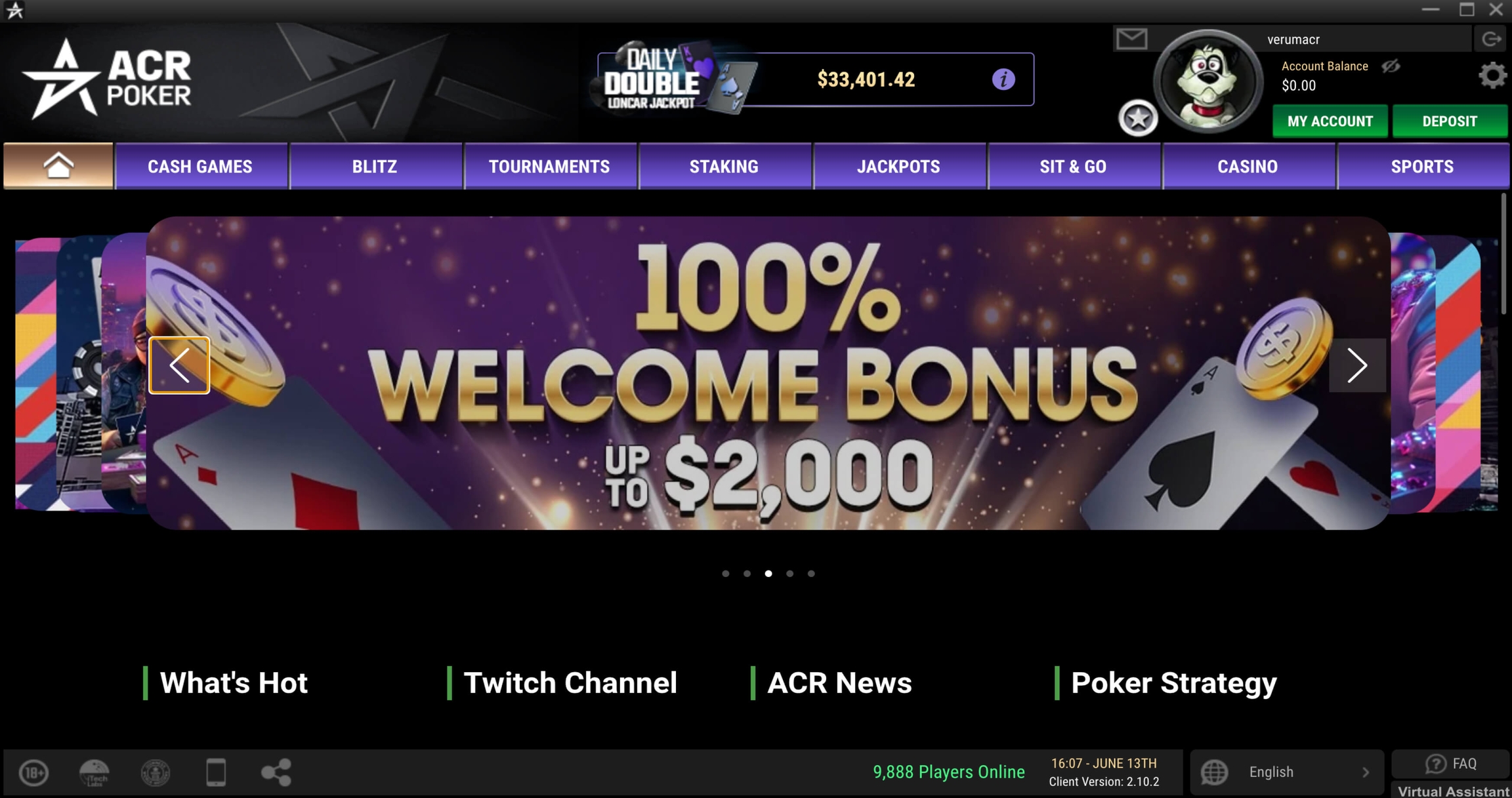 Página de inicio de la aplicación ACR Poker (Americas Cardroom) con banners de promociones y ofertas especiales